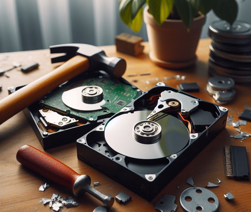 Cette Image Représente des disques durs Cassés au Marteau ils sont posés sur une table avec une plante verte illustrant des Disques Durs défaillant ayant besoin d'un Service de Récupération de Données à Bordeaux