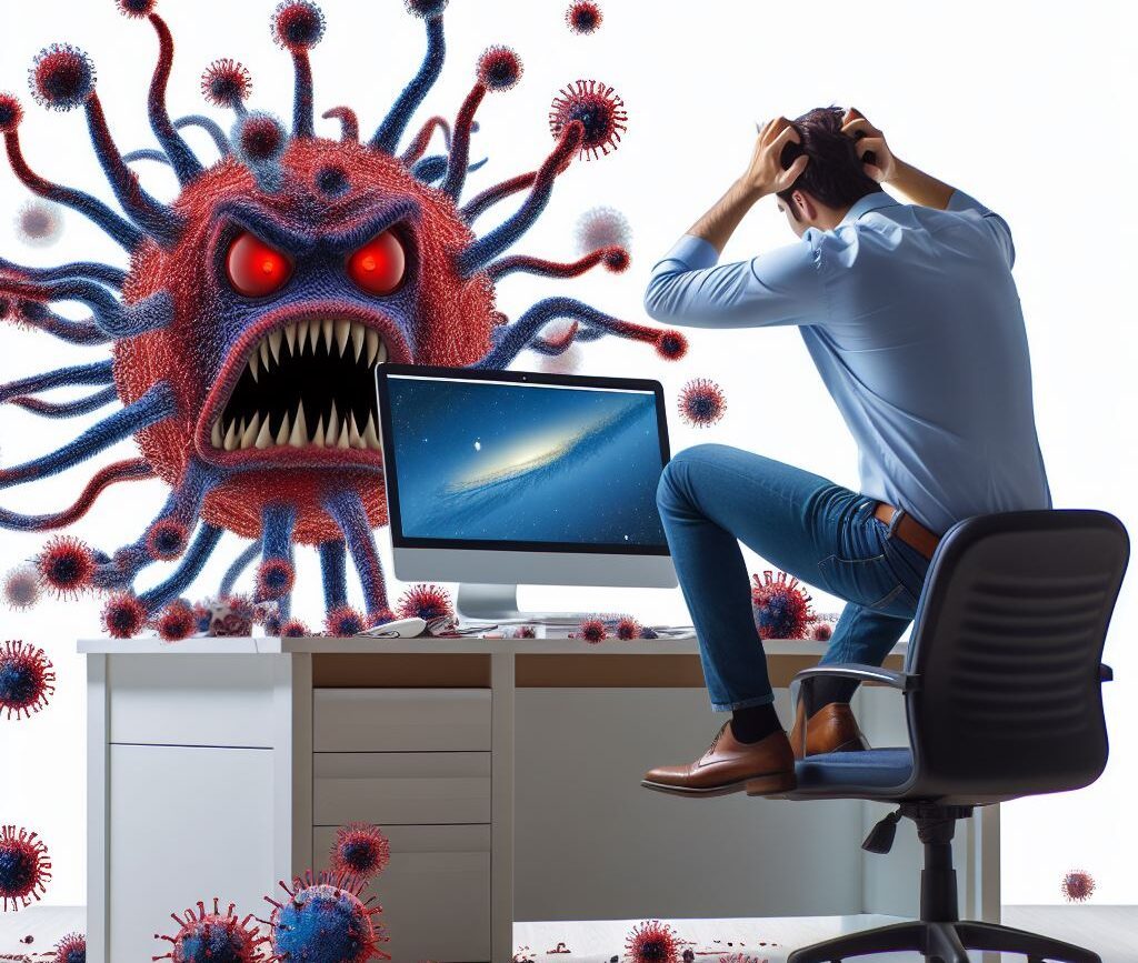 Cette image représente un mac, pc infecté par un virus avec une personne s'arranchant les cheveux, Nettoyage et Suppression De Virus,desinfection,pc,ordinateur infecté, netoyyage pc ,mac, virus,bordeaux,talence