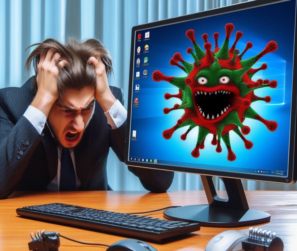 Nettoyage et Suppression De Virus,Sur ordinateur,bordeaux,talence, désinfection virus,pc,malwares, Cette image représente un ordinateur infecté avec un utilisateur qui s'arrache les cheveux