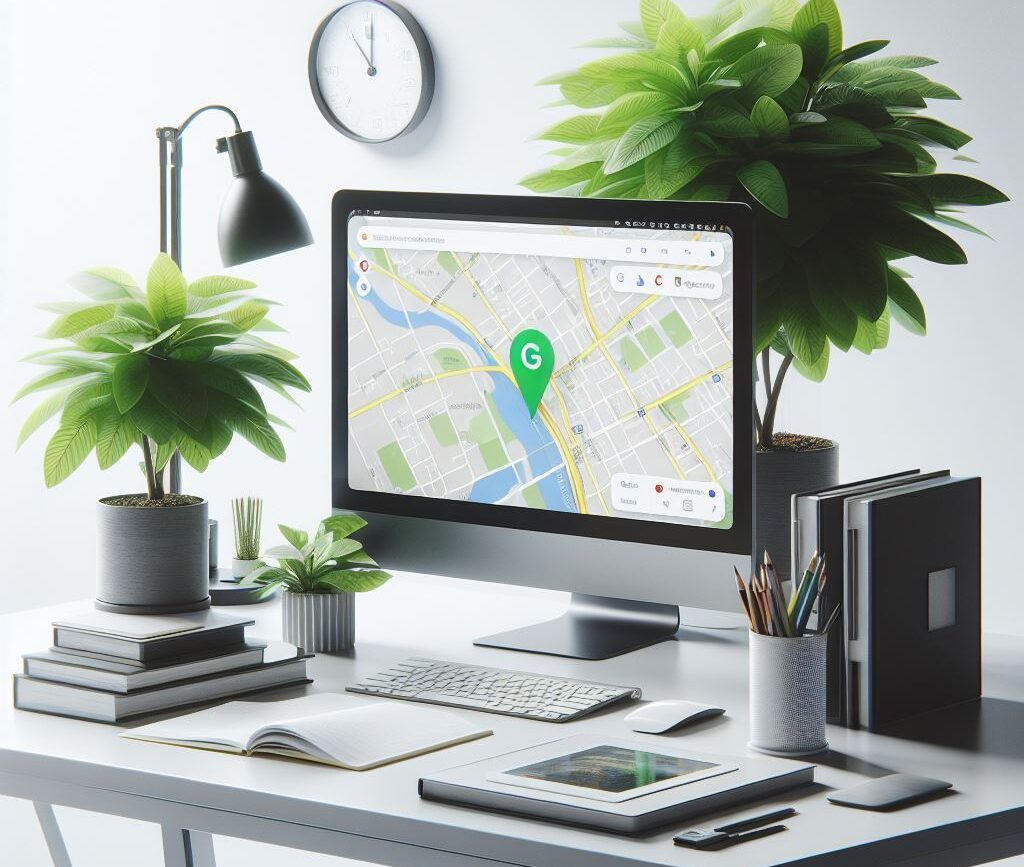 Cette image Représente Un ordinateur posé sur une table avec des plantes il affiche google maps- Création De Site Internet à Bordeaux. Référencement de votre site Internet