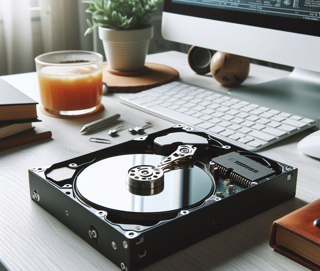 Cette Image Représente Un disque dur ouvert, Le Disques dur est posé sur sur une table blanche avec un ordinateur et une plante, Ce Disque à Besoin besoin d'un Service de Récupération de Données à Bordeaux, Dépannage informatique Bordeaux