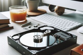 Récupération de Données Talence Bordeaux Cette Image Représente Un disque dur ouvert, Le Disques dur est posé sur sur une table blanche avec un ordinateur et une plante, Ce Disque à Besoin besoin d'un Service de Récupération de Données à Bordeaux, Dépannage informatique Bordeaux