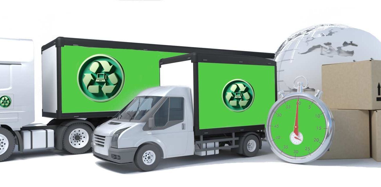 Cette image représente Des ,Camion Avec des logos de Recyclage illustrant le Rachat mac et pc portable a bordeaux et dans toute la france