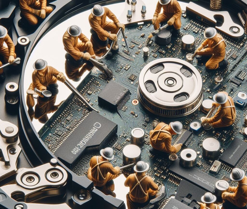 Cette image en gros plan représente l'intérieur d'un disque dur avec des ouvriers qui travaillent sur le disque dur qui à Besoin d'une Récupération de Données - recuperationdedonnees,bordeaux,recuperersesdonnees,recuperationdedonnees,recupererdonneesperdues,photosperduessurdisquedur,recupererphotosurpc,donneesperduessurordinateur