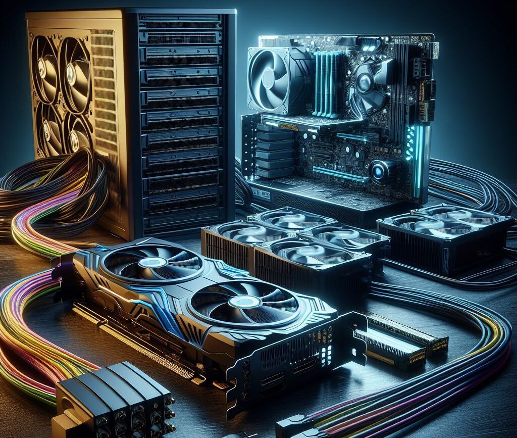 Cette Image Représente des Composants Informatiques Posés sur un Bureau, Cartes Mère, processeurs, Barrettes de Ram, Carte graphique, Cables, Alimentation, Ventilateurs, Cette image illustre les Services De Dépannages Informatique proposés par Docteur Pc 33 à Bordeaux