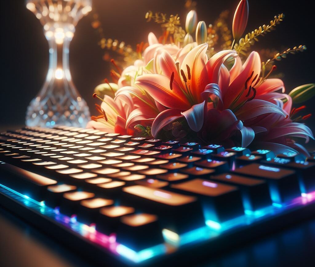 commentrecuperersesdonneesperdues-recuperationdedonnees,bordeaux,talence,docteurpc33 Cette image représente Un clavier rétroéclairé de bleu, Posé sur une table avec des un joli bouquet de Lys Royal - Récupération de données, Récupération de données, bordeaux -stockage-données-restauration-sauvegarde-33-récupération-panne-ordinateur-pc-récupération de données- Bordeaux
