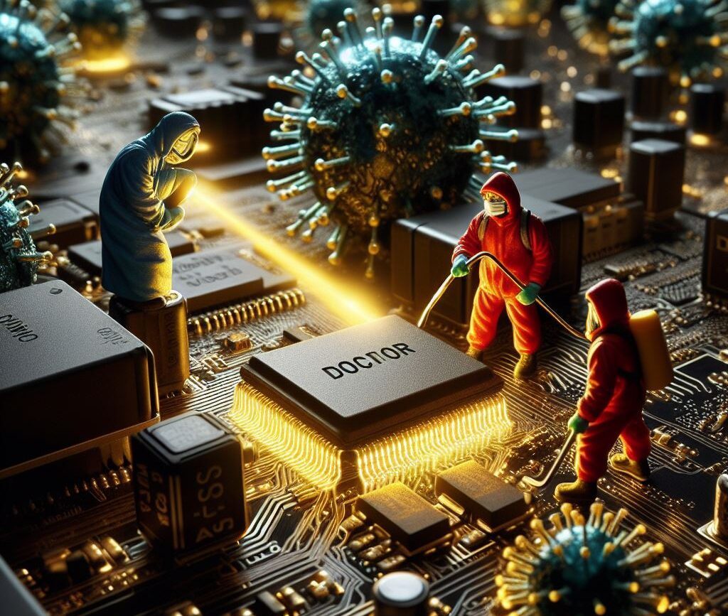 Dépannage-Informatique-Bordeaux, Cette Image Représente un Circuit imprimé Noir avec les soudures Chrome et Or qui a des virus ,gaming ,rétroéclairé et posé sur une table avec des petits bonhommes ouvriers Docteur avec des tenues rouges et jaunes qui se battent contre les virus du circuit imprimé - suppression-de-virus-sur-pc-ordinateur-enlever-virus - Dépannage-Informatique-Bordeaux