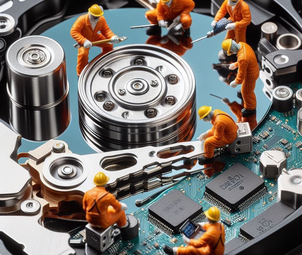 Cette image en gros plan représente l'intérieur d'un disque dur avec des ouvriers qui travaillent sur le disque dur qui à Besoin d'une Récupération de Données