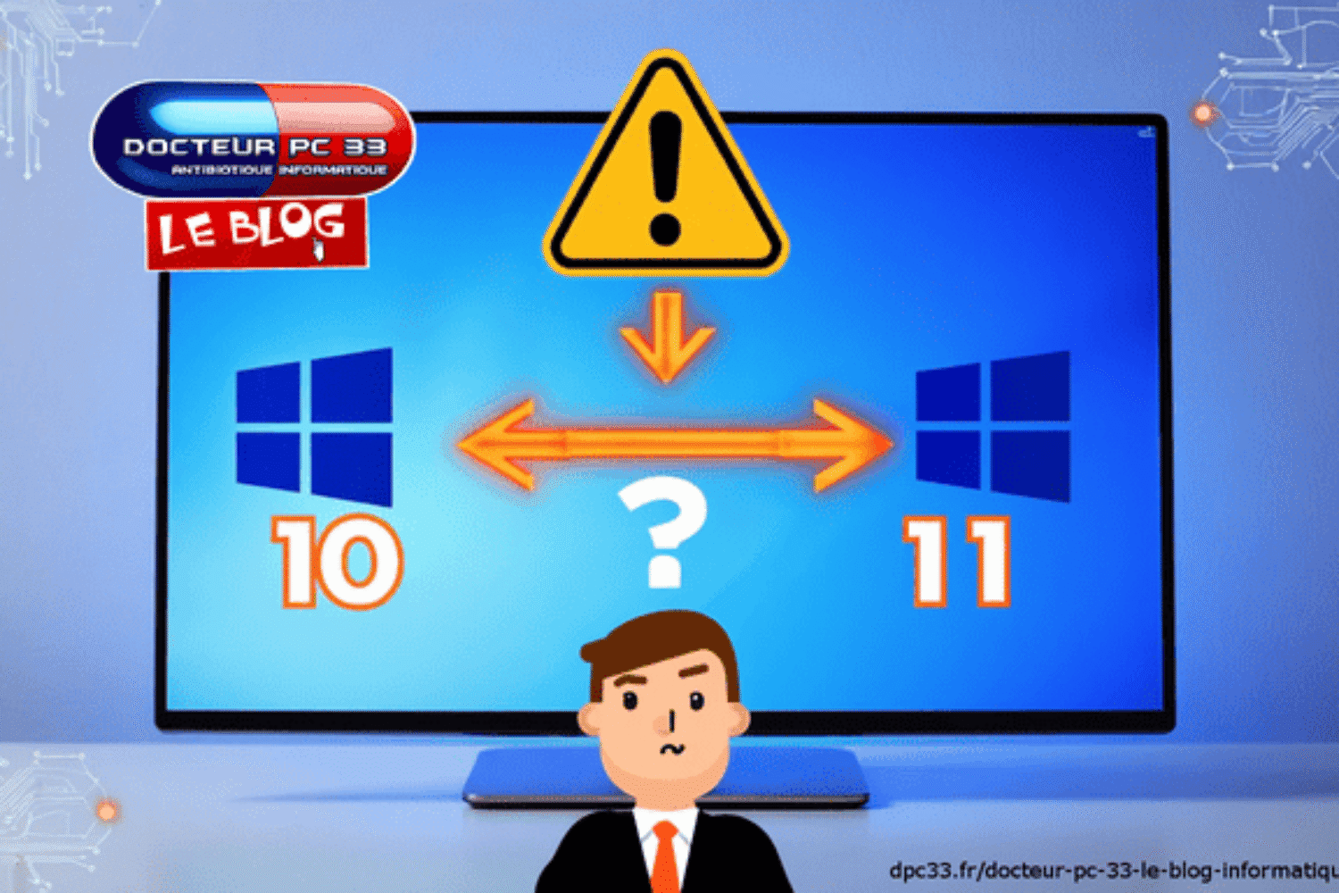 L'image représente l'arret de Windows 10 et la migration de windows 10 vers windows 11 - Fin de support Windows 10 Mise à jour Windows 10 vers Windows 11 Sécurité informatique Passer de Windows 10 à 11 PC Windows 10 compatible Windows 11 Fin du support de Windows 10, octobre 2025 Migration Windows 10 Nouveau PC Windows 11 Risques Windows 10 fin de support Linux sur ancien PC windows 10 ChromeOS Flex sur pc Windows 10