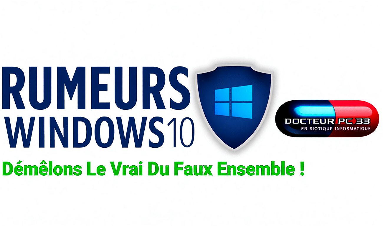 La fin de Windows 10 Pas si vite, Docteur Pc 33 La fin de Windows 10 ? Pas si vite ! Salut à tous, c'est votre informaticien du coin ! Ces derniers temps, mon téléphone sonne plus que d'habitude. Mes clients (et mes amis !) ont l'air paniqués. "Mon PC va-t-il s'arrêter de fonctionner le 14 octobre 2025 ?", "On m'a dit que je ne pourrais plus aller sur Internet, c'est vrai ?". Si vous avez aussi vu des titres alarmistes circuler, respirez un grand coup ! Je suis là pour démêler le vrai du faux. Ce que dit la rumeur... et ce que dit Microsoft