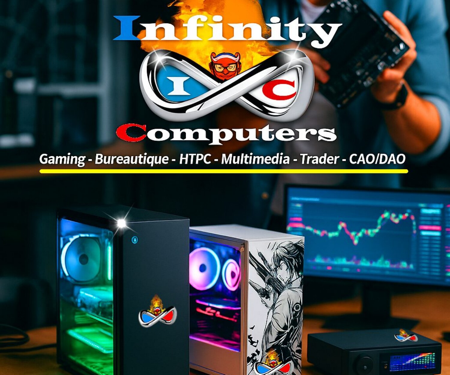 Plusieurs ordinateurs assemblés à Talence (33) le logo de l'assembleur pc Infinity Computers