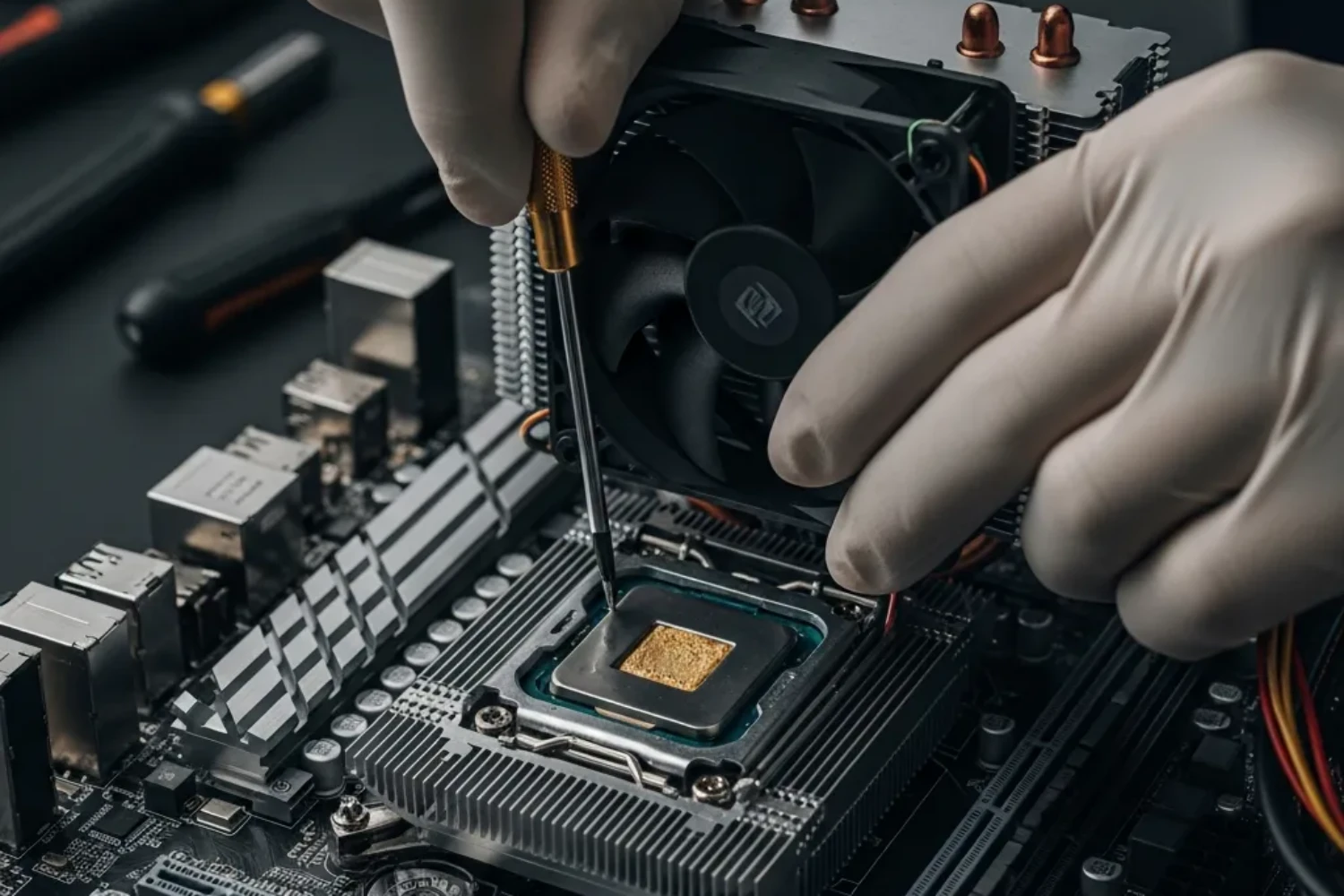 Expert réalisant une maintenance préventive PC avec un dépoussiérage complet du ventilateur et de la carte mère pour éviter la surchauffe. ---LEGENDE_IMG_1--- Le dépoussiérage est la première étape cruciale d'une maintenance préventive PC efficace pour prolonger la vie de votre ordinateur. ---DESC_IMG_1--- Image détaillée d'une maintenance préventive PC effectuée à l'atelier Docteur PC 33. On y voit le nettoyage en profondeur d'un ordinateur pour retirer la poussière accumulée, une opération essentielle pour garantir un bon refroidissement, éviter la surchauffe et doubler la durée de vie des composants comme la carte mère et le processeur. ---PROMPT_IMG_2--- Extreme close-up, macro photography of a technician applying fresh thermal paste onto a CPU. The CPU is seated in the motherboard socket. The technician's gloved hand holds a syringe, precisely applying a small, perfect bead of silver thermal compound. The surrounding motherboard components are visible but slightly out of focus. The lighting is clinical and bright, highlighting the metallic sheen of the paste and the intricate details of the processor. The atmosphere is one of precision and expertise. Hyper-realistic, detailed shot, clean aesthetic. no text, textless, zero typography. ---NOM_IMG_2--- remplacement-pate-thermique-maintenance-preventive-pc-surchauffe.webp ---TITRE_IMG_2--- Remplacement Pâte Thermique lors d'une Maintenance Préventive PC ---ALT_IMG_2--- Gros plan sur l'application de pâte thermique neuve sur un processeur durant une maintenance préventive PC pour lutter contre la surchauffe. ---LEGENDE_IMG_2--- Une étape technique de la maintenance préventive PC : le remplacement de la pâte thermique pour un refroidissement optimal. ---DESC_IMG_2--- Cette photo illustre une intervention clé de la maintenance préventive PC : le remplacement de la pâte thermique. Ce geste technique, réalisé par un expert, assure un transfert de chaleur optimal entre le processeur (CPU) et son système de refroidissement, prévenant ainsi les surchauffes critiques qui peuvent endommager votre machine et réduire sa durée de vie.