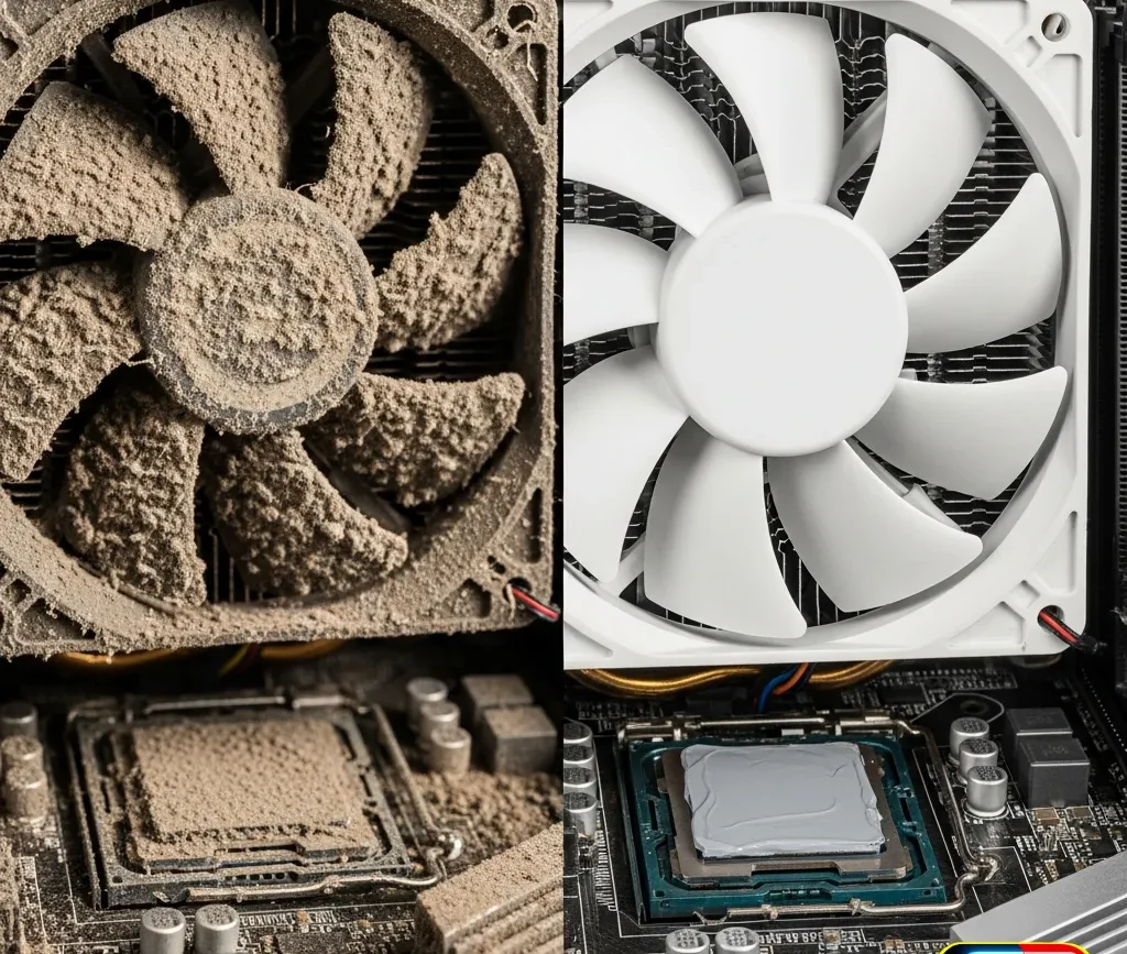 Composants internes d'ordinateur encrassés par la poussière et surchauffés, contrastant avec des composants propres après un nettoyage PC professionnel.
