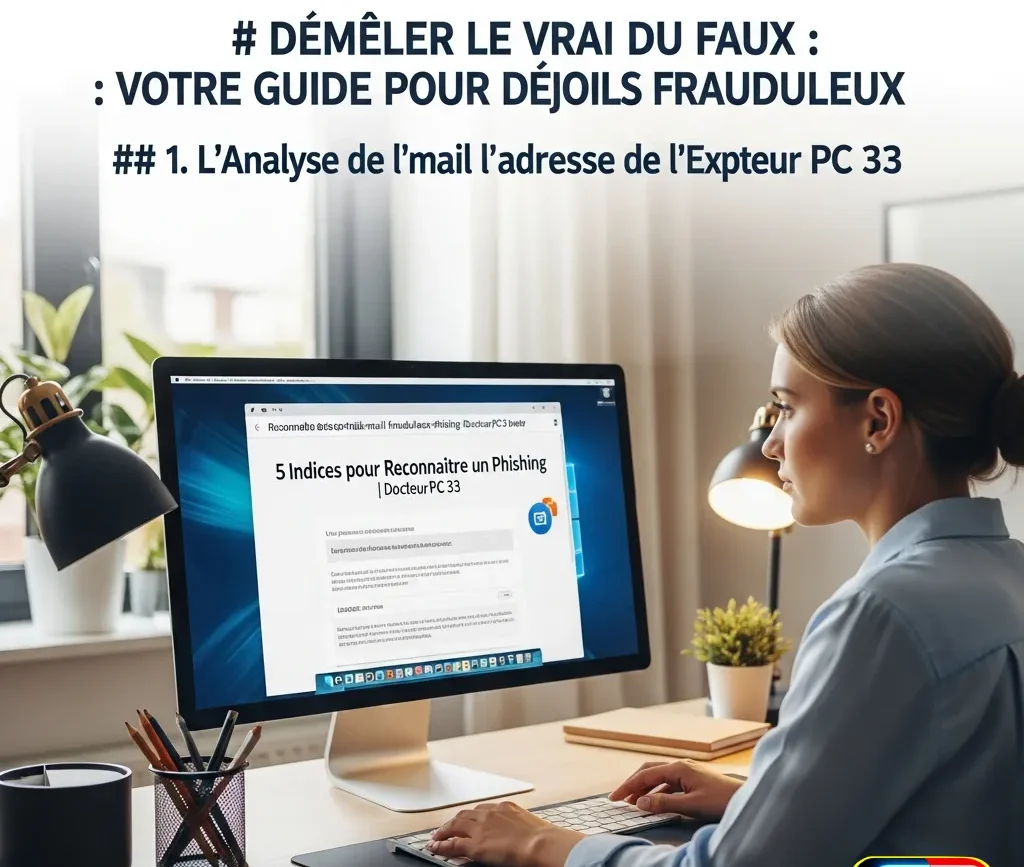 Une personne analyse attentivement l'adresse de l'expéditeur d'un mail de phishing suspect pour reconnaître une arnaque et éviter le hameçonnage. ---LEGENDE_IMG_1--- Le premier indice d'un mail frauduleux se cache souvent dans l'adresse de l'expéditeur. ---DESC_IMG_1--- Illustration de la première étape cruciale pour reconnaître un mail frauduleux : l'analyse méticuleuse de l'adresse de l'expéditeur. Un utilisateur vigilant vérifie les détails d'un email de phishing pour déjouer une tentative de hameçonnage. Docteur PC 33 vous guide pour renforcer votre sécurité informatique face à la cybermalveillance. ---PROMPT_IMG_2--- Extreme close-up, macro photograph of a computer screen displaying a generic email interface. A sleek mouse cursor is hovering over what appears to be a hyperlink, which is represented by a clean blue bar. In the bottom-left corner of the screen, in the status bar area, a long, convoluted, and garbled string of abstract symbols and chaotic characters is displayed, representing the hidden, malicious URL. The image is hyper-detailed and sharp, with a very shallow depth of field focusing on the cursor and the revealed garbled string, emphasizing the hidden danger. The overall aesthetic is clean, technical, and educational, symbolizing the act of unmasking a digital threat before clicking. No text or letters are visible. ---NOM_IMG_2--- verifier-lien-suspect-mail-hameconnage.webp ---TITRE_IMG_2--- Technique pour Vérifier un Lien Suspect dans un Mail d'Hameçonnage ---ALT_IMG_2--- Gros plan d'un curseur de souris survolant un lien piégé pour révéler la véritable adresse web cachée dans un mail d'hameçonnage. ---LEGENDE_IMG_2--- Passez votre souris sur un lien, sans cliquer, pour démasquer une tentative de phishing. ---DESC_IMG_2--- Démonstration visuelle de la technique de survol pour vérifier un lien suspect et reconnaître un mail frauduleux. Avant de cliquer, ce geste simple permet de déjouer une tentative de phishing (hameçonnage) en affichant l'URL réelle. Un conseil de sécurité informatique essentiel par Docteur PC 33 pour éviter un futur dépannage d'ordinateur après une infection.