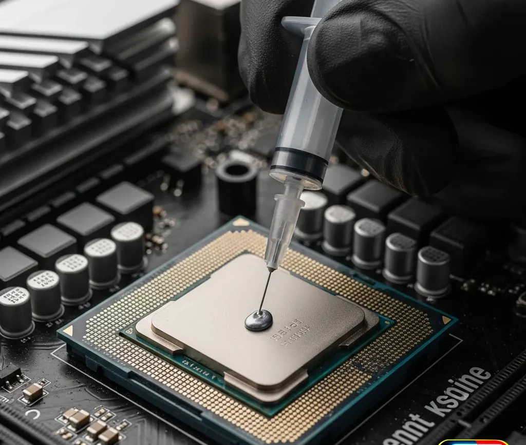 Gros plan sur l'application de pâte thermique neuve sur un processeur durant une maintenance préventive PC pour lutter contre la surchauffe. ---LEGENDE_IMG_2--- Une étape technique de la maintenance préventive PC : le remplacement de la pâte thermique pour un refroidissement optimal. ---DESC_IMG_2--- Cette photo illustre une intervention clé de la maintenance préventive PC : le remplacement de la pâte thermique. Ce geste technique, réalisé par un expert, assure un transfert de chaleur optimal entre le processeur (CPU) et son système de refroidissement, prévenant ainsi les surchauffes critiques qui peuvent endommager votre machine et réduire sa durée de vie.