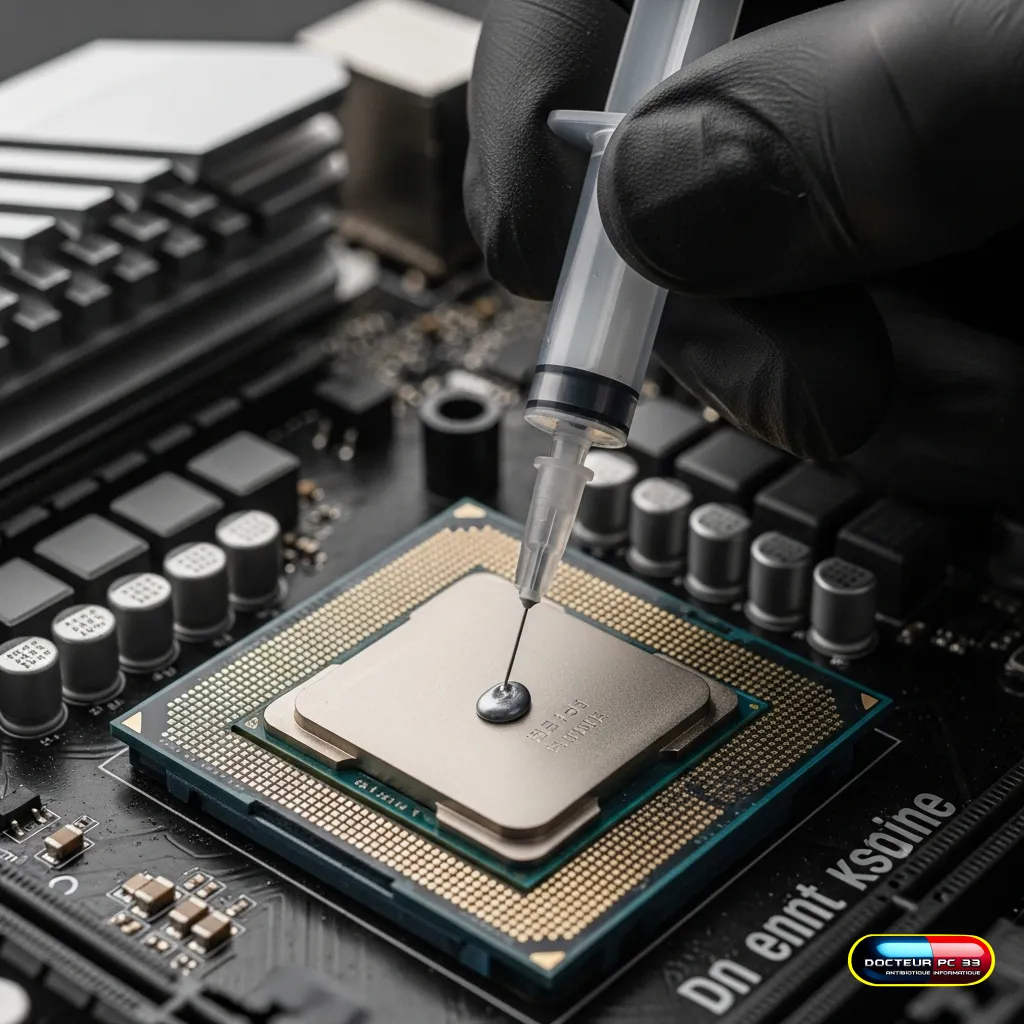 Gros plan sur l'application de pâte thermique neuve sur un processeur durant une maintenance préventive PC pour lutter contre la surchauffe. ---LEGENDE_IMG_2--- Une étape technique de la maintenance préventive PC : le remplacement de la pâte thermique pour un refroidissement optimal. ---DESC_IMG_2--- Cette photo illustre une intervention clé de la maintenance préventive PC : le remplacement de la pâte thermique. Ce geste technique, réalisé par un expert, assure un transfert de chaleur optimal entre le processeur (CPU) et son système de refroidissement, prévenant ainsi les surchauffes critiques qui peuvent endommager votre machine et réduire sa durée de vie.