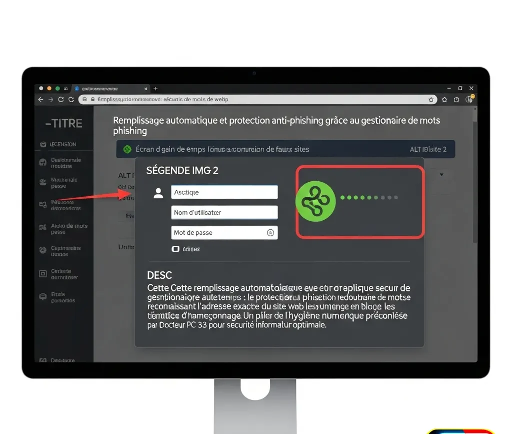 Écran d'ordinateur montrant un gestionnaire de mots de passe remplissant automatiquement des champs de connexion sécurisés sur un navigateur web, avec un symbole de bouclier vert indiquant la protection contre le phishing et les faux sites. ---LEGENDE_IMG_2--- Sécurité et gain de temps : le remplissage automatique du gestionnaire de mots de passe vous protège du phishing. ---DESC_IMG_2--- Cette image met en évidence la fonction de remplissage automatique sécurisé d'un gestionnaire de mots de passe. Elle illustre non seulement l'efficacité et le gain de temps pour l'utilisateur, mais aussi la protection redoutable contre le phishing, en reconnaissant l'adresse exacte du site web et en bloquant les tentatives d'hameçonnage. Un pilier de l'hygiène numérique préconisée par Docteur PC 33 pour une sécurité informatique optimale.