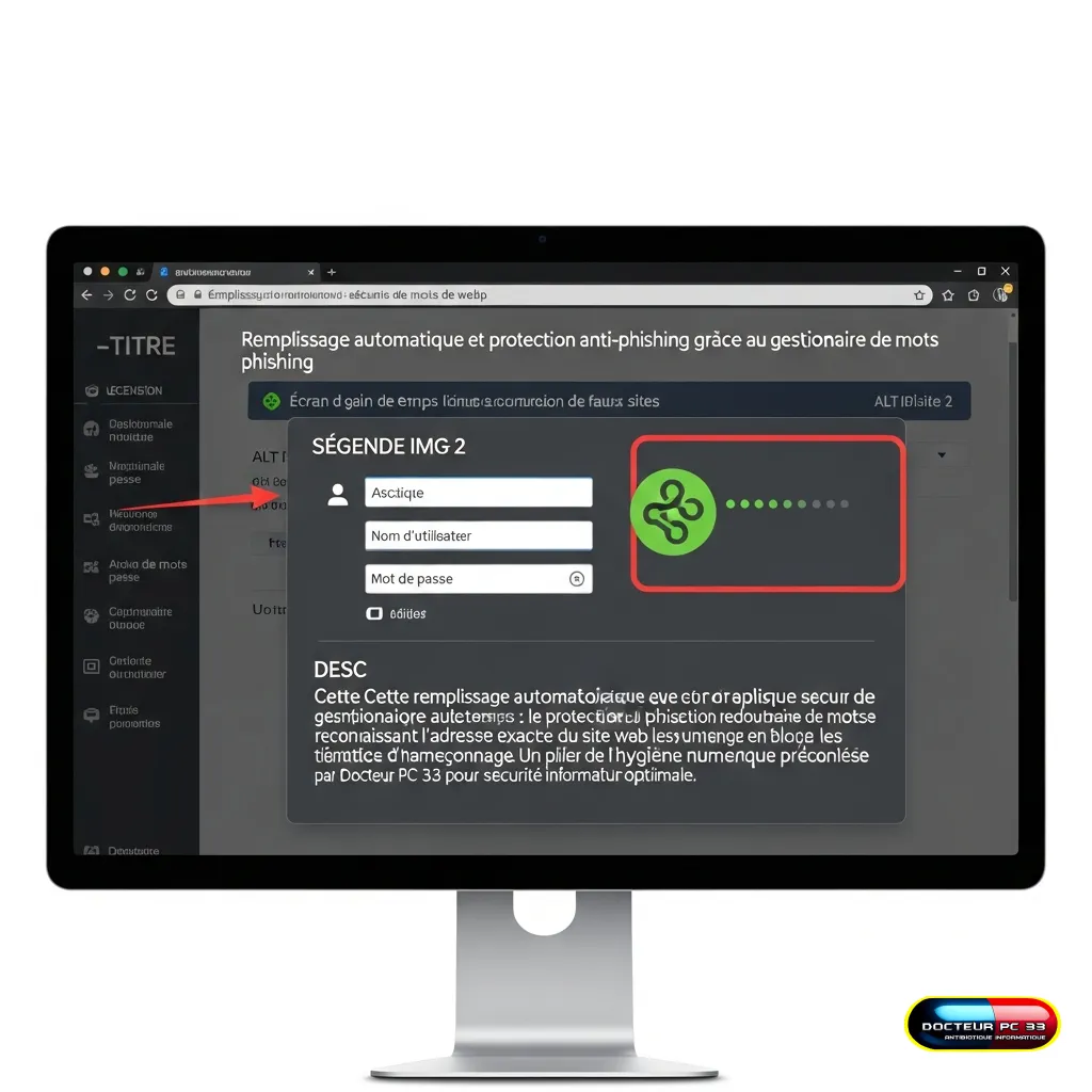 Écran d'ordinateur montrant un gestionnaire de mots de passe remplissant automatiquement des champs de connexion sécurisés sur un navigateur web, avec un symbole de bouclier vert indiquant la protection contre le phishing et les faux sites. ---LEGENDE_IMG_2--- Sécurité et gain de temps : le remplissage automatique du gestionnaire de mots de passe vous protège du phishing. ---DESC_IMG_2--- Cette image met en évidence la fonction de remplissage automatique sécurisé d'un gestionnaire de mots de passe. Elle illustre non seulement l'efficacité et le gain de temps pour l'utilisateur, mais aussi la protection redoutable contre le phishing, en reconnaissant l'adresse exacte du site web et en bloquant les tentatives d'hameçonnage. Un pilier de l'hygiène numérique préconisée par Docteur PC 33 pour une sécurité informatique optimale.