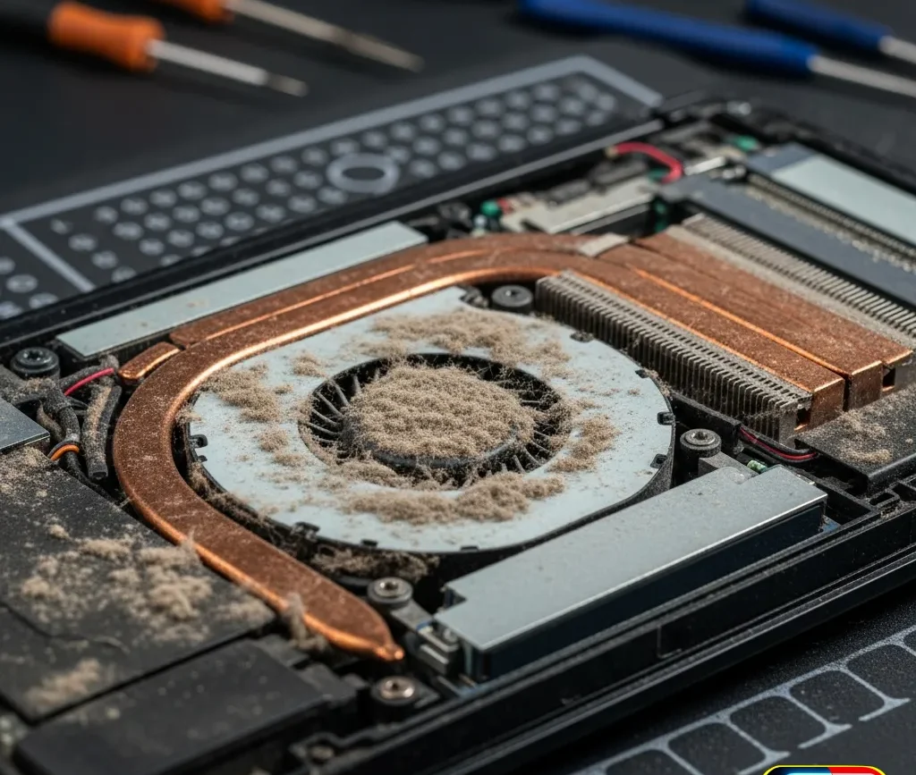 Gros plan sur un ventilateur de PC portable complètement obstrué par la poussière, cause principale de la surchauffe nécessitant une réparation professionnelle. réparation ventilateurs pc portable
