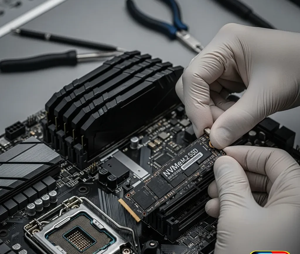 Gros plan sur les mains d'un technicien installant un SSD NVMe sur une carte mère, illustrant l'article sur les composants PC expliqués par Docteur PC 33.