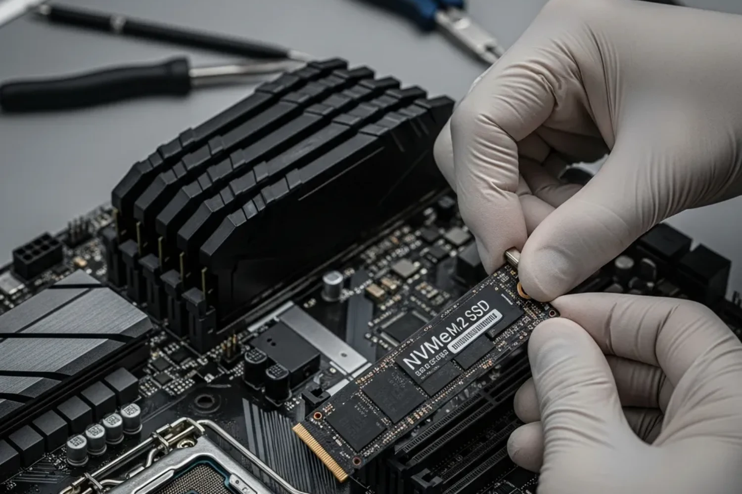 Gros plan sur les mains d'un technicien installant un SSD NVMe sur une carte mère, illustrant l'article sur les composants PC expliqués par Docteur PC 33.