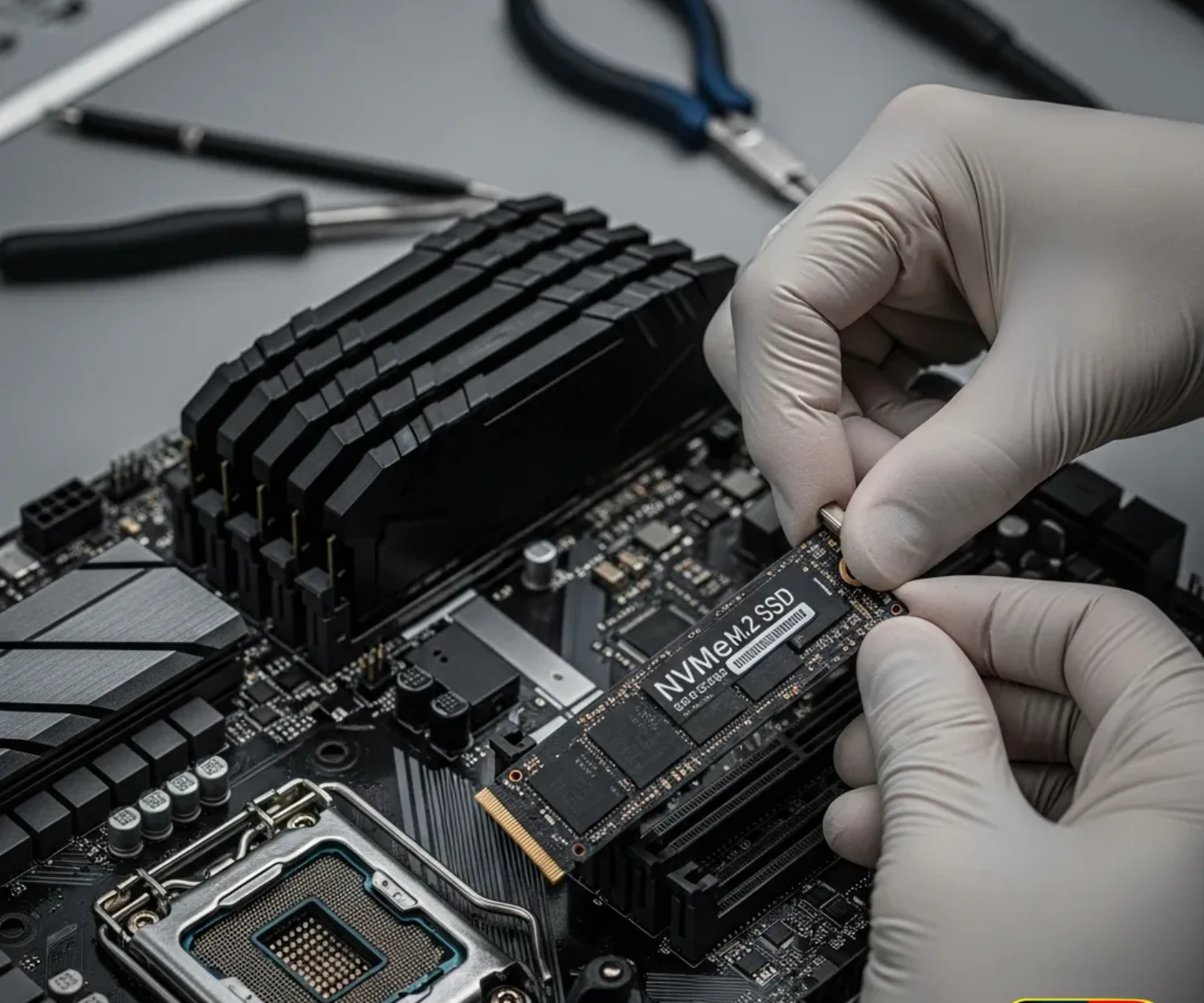 Gros plan sur les mains d'un technicien installant un SSD NVMe sur une carte mère, illustrant l'article sur les composants PC expliqués par Docteur PC 33.
