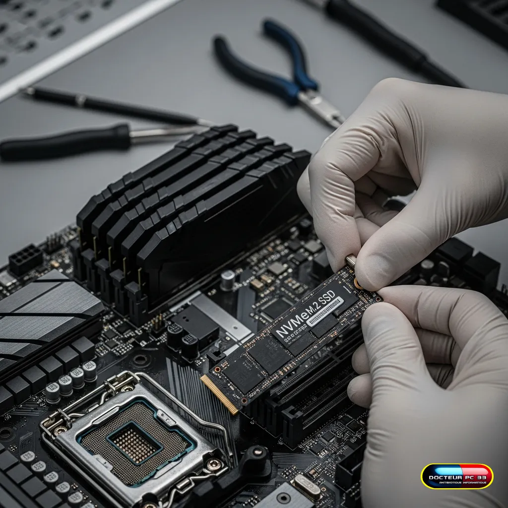 Gros plan sur les mains d'un technicien installant un SSD NVMe sur une carte mère, illustrant l'article sur les composants PC expliqués par Docteur PC 33.