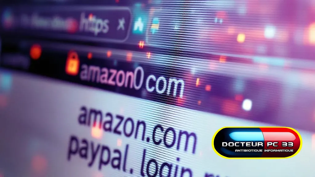 Écran d'ordinateur affichant une URL suspecte pour aider à identifier un site internet frauduleux.