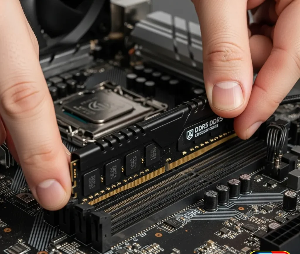 Un expert insère une barrette de mémoire vive (RAM) dans son slot sur la carte mère, un des composants PC expliqués pour améliorer la fluidité d'un ordinateur.