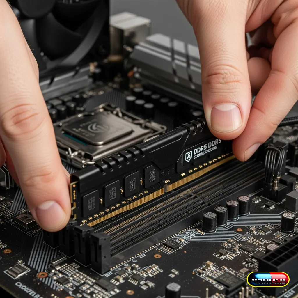 Un expert insère une barrette de mémoire vive (RAM) dans son slot sur la carte mère, un des composants PC expliqués pour améliorer la fluidité d'un ordinateur.