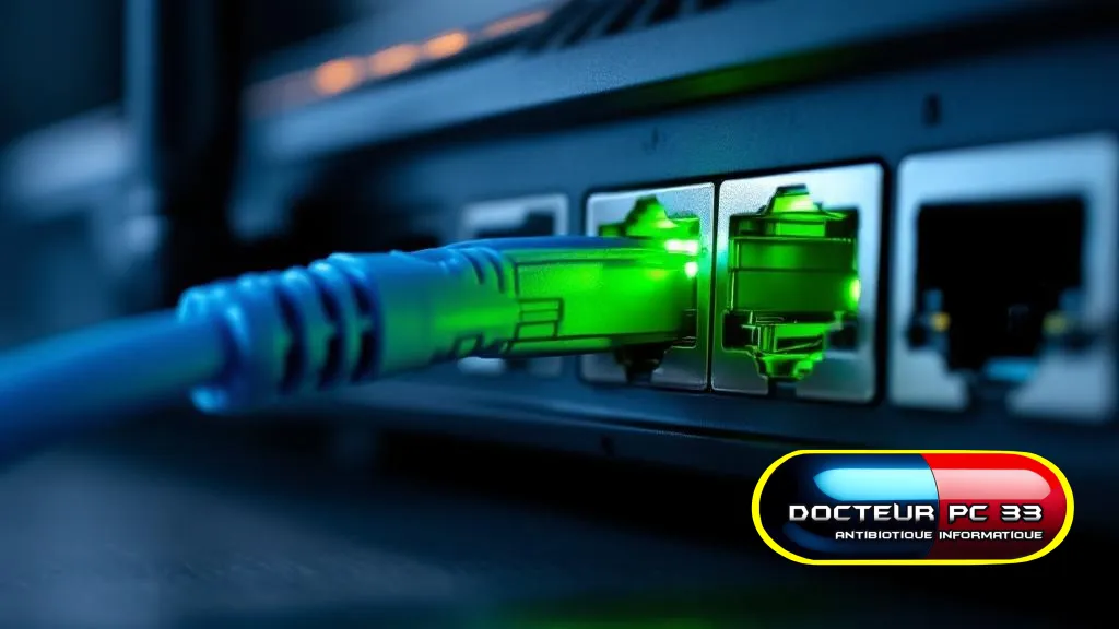 Gros plan sur un port Ethernet d'un routeur, symbolisant la sécurité réseau domestique.