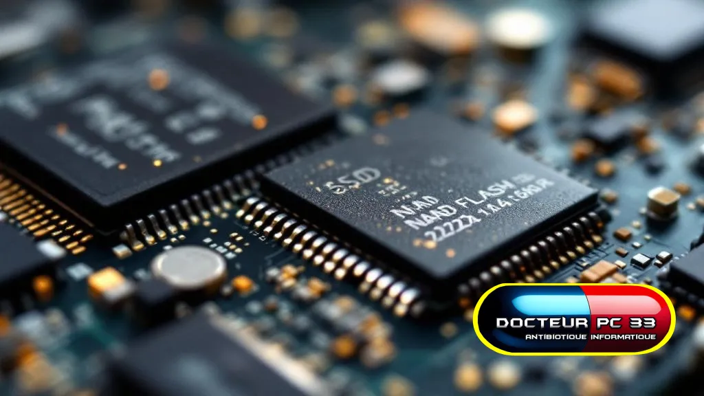 Vue macro détaillée des puces de mémoire NAND d'un SSD en fin de vie.